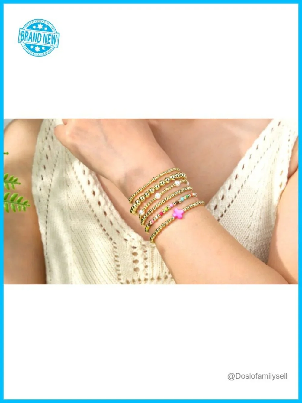 14K Gold Plated Stretch Beaded Bracelet Set - Cross Charm Elastic Pearl